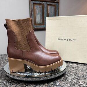 Sun + Stone Women's Verityy slip on lug sole platform Brown Ankle Booties NEW 9